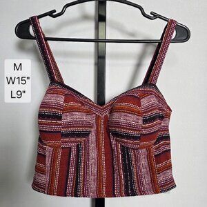 Band of Gypsies Crop Top Women's M Maroon Rust Striped Smocked Rayon Boho Bustie